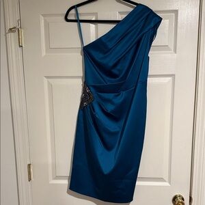 Eliza J Teal One-Shoulder Satin Cocktail Dress